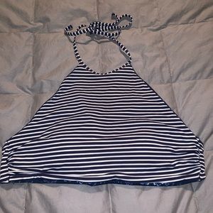 Navy and white reversible halter top swimsuit
